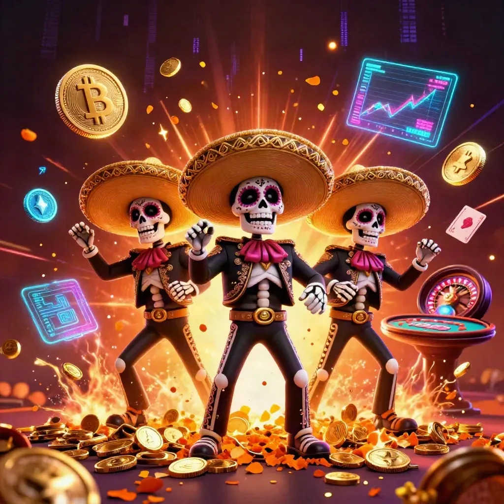 Skeleton mariachi trio amid exploding coins, crypto icons, roulette wheel, and neon casino sparks.