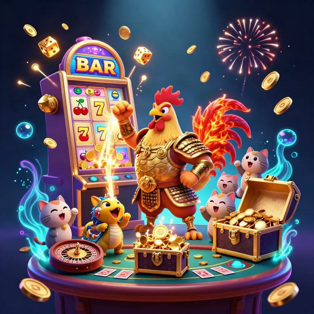 Rooster warrior, dragon hatchling, and lucky cat amid bursting coins, slots, and casino glow.