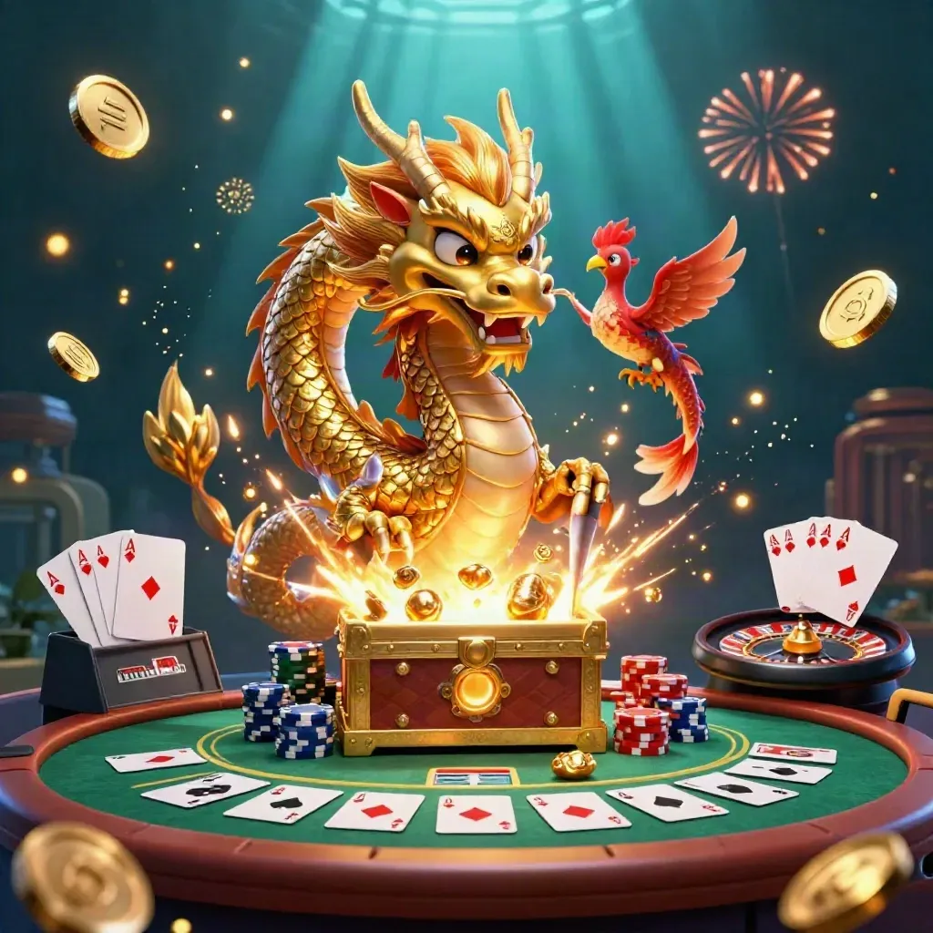 Golden dragon, phoenix, koi, coins, chips, cards, and fireworks in a luxe casino scene.