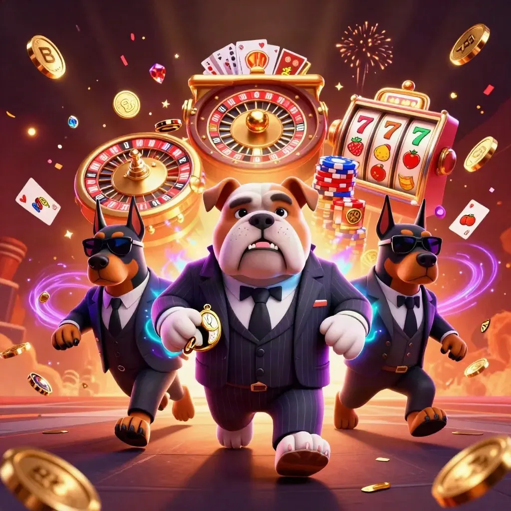 Bulldog boss with two Doberman guards amid coins, cards, chips, and a spinning roulette wheel.