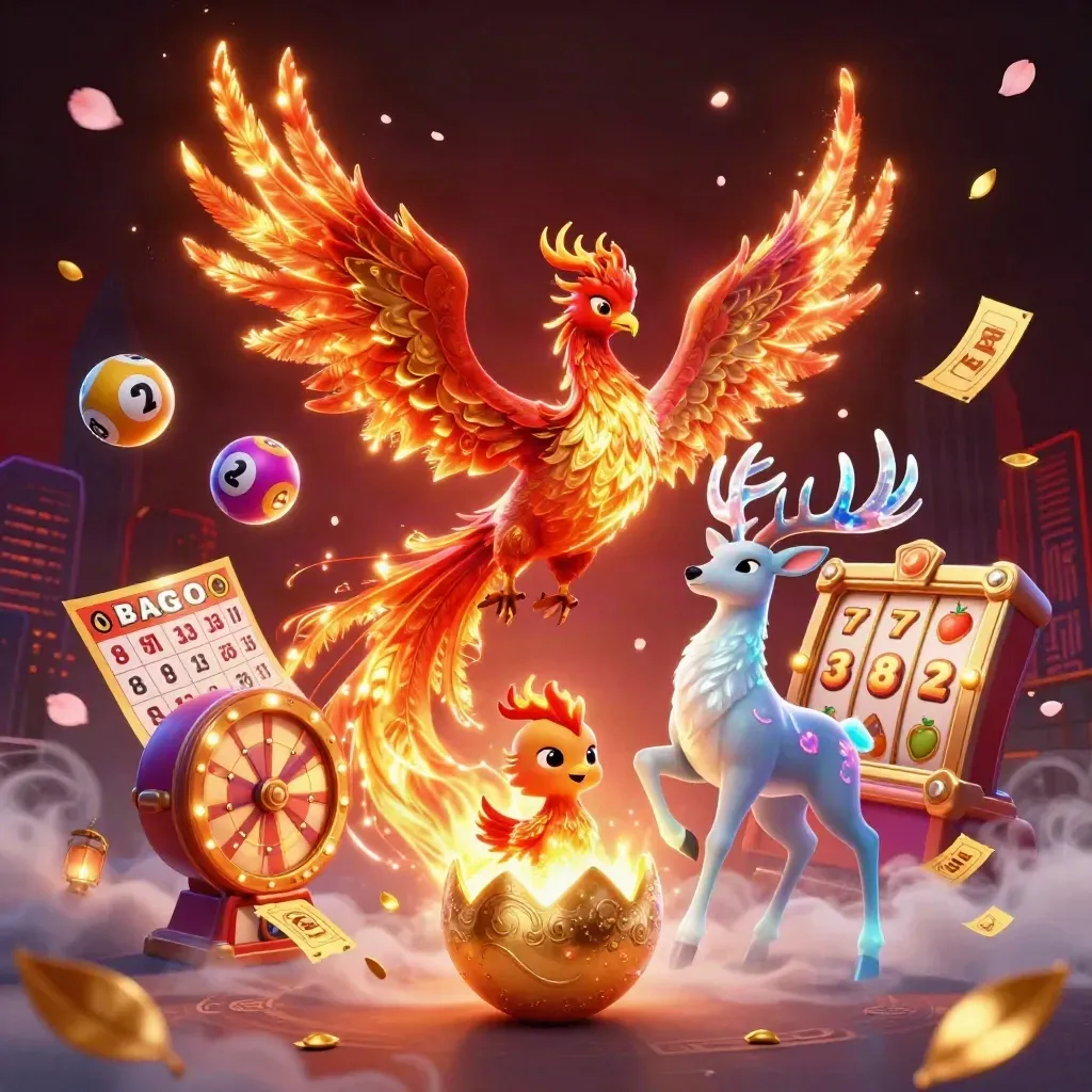 Fire phoenix, baby phoenix in a gold egg, and crystal stag amid casino sparks on a dark neon backdrop.