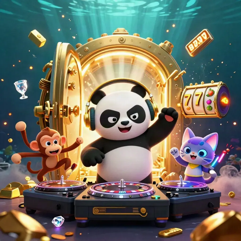 DJ panda, dancing monkey, and glow-stick kitten explode from a golden vault amid casino loot and cyan light.