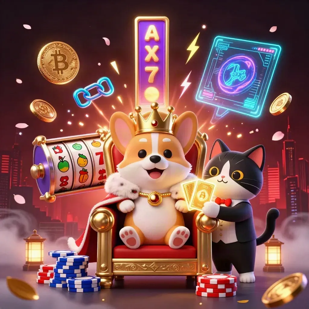 Crowned corgi and cat butler on poker-chip throne amid coins, reels, neon lightning, and petals.