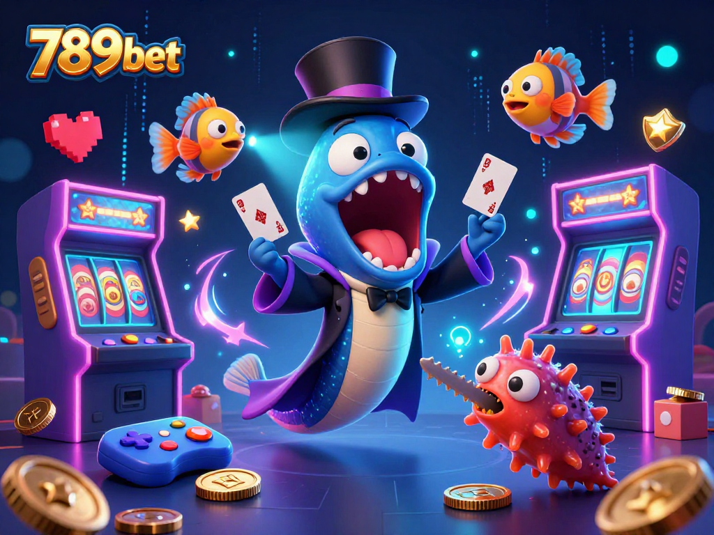 Engage with 789bet in a vibrant 3D casino scene filled with animated gaming elements and magical acts.