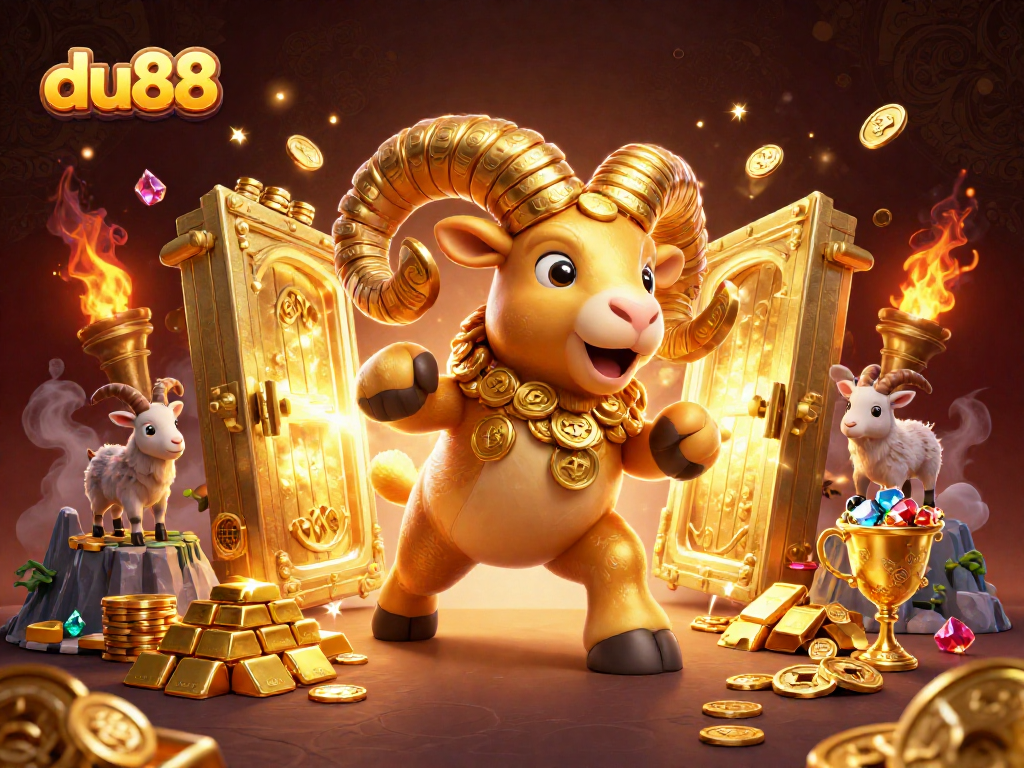 Engage with du88's exciting casino experience featuring gold treasures and a charging ram.
