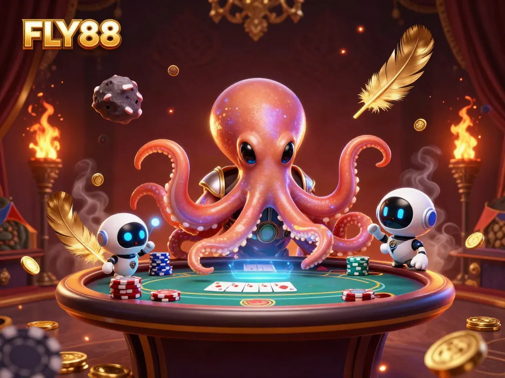 Experience thrilling poker action with FLY88 as an alien octopus operates a holographic table.