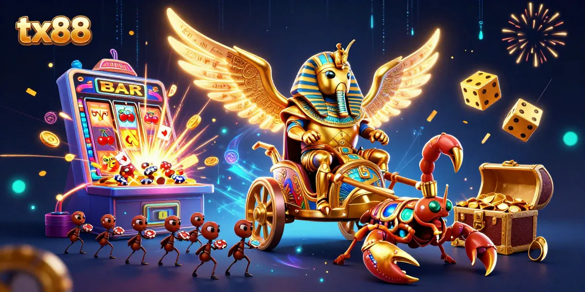 tx88 features thrilling casino action with golden scarab beetle amid dynamic jackpot celebration.