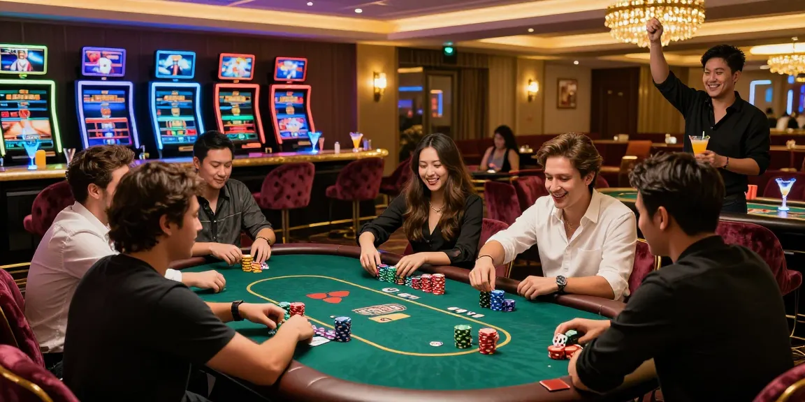 Exciting Lemacau Login experience at a vibrant online casino with diverse players and glowing machines.