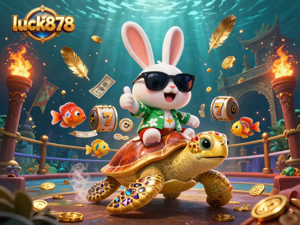 Engage with luck878’s vibrant 3D scene featuring a lucky rabbit and a golden turtle amid exciting casino elements.