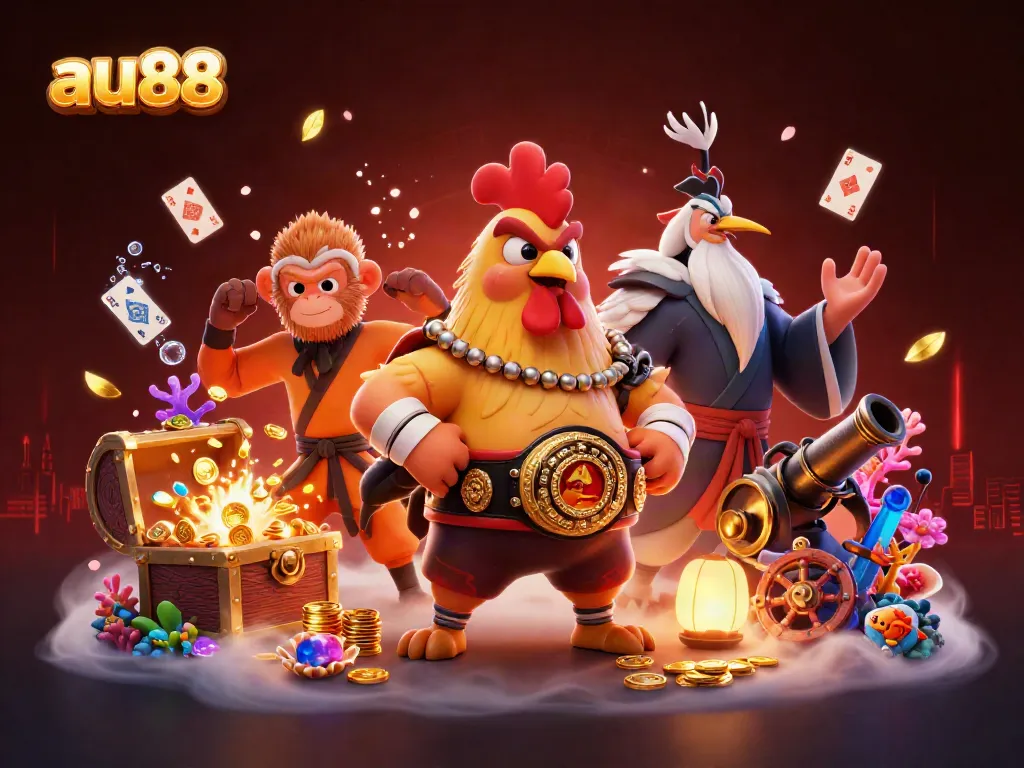 Experience the thrill of gaming with au88 in this vibrant 3D illustration featuring dynamic characters and casino elements.
