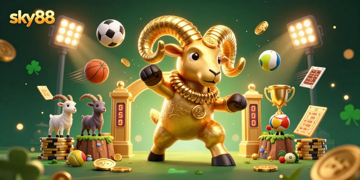 Win big with sky88's dynamic sports betting, featuring golden ram and trophy among vivid visuals.