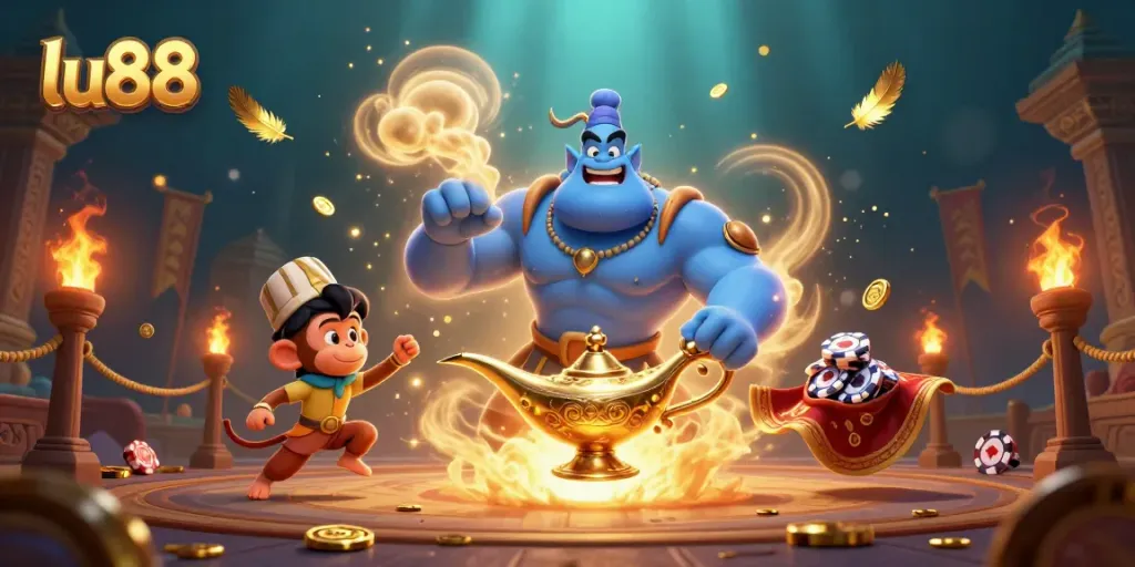 Experience thrilling gameplay at lu88 with a vibrant 3D atmosphere featuring a genie, monkey, and magic carpet.