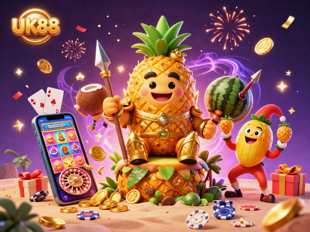 Engage with thrilling games at UK88, featuring a vibrant 3D illustration of a casino scene with dynamic gaming elements.