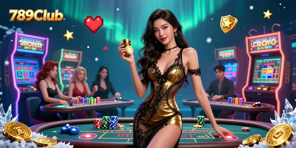 Engage with the stunning 789Club scene showcasing a confident woman at a VIP baccarat table, surrounded by vibrant gaming elements.