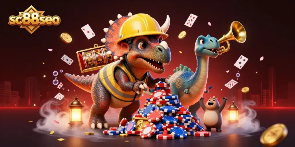 Experience the excitement at sc88seo with a dynamic scene of a triceratops building a poker chip pyramid amidst vibrant casino elements.