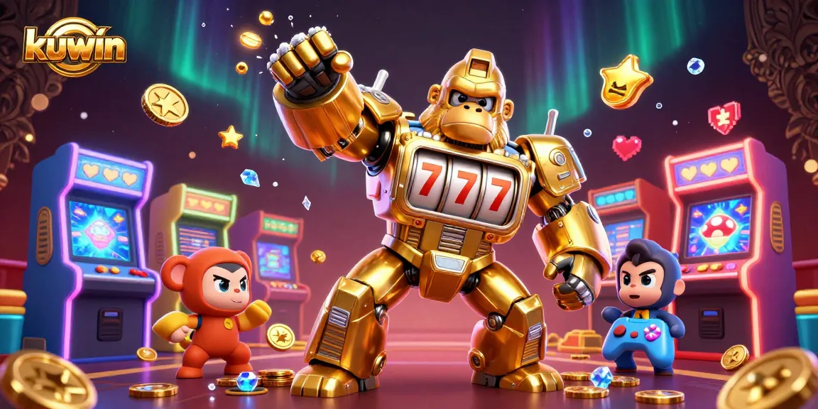 Kuwin's exciting gaming action featuring a golden gorilla mech and arcade games with colorful dynamics