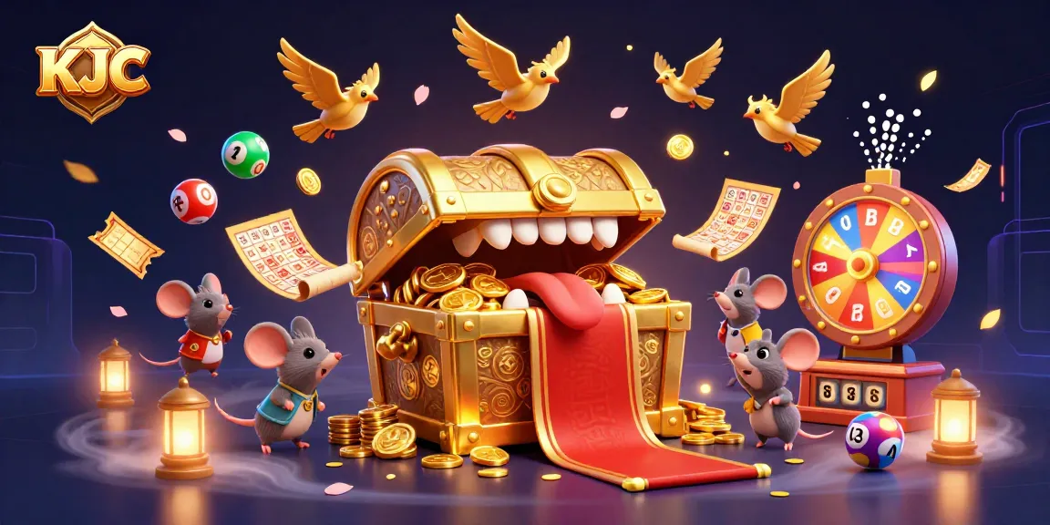 KJC captivates players with a dynamic 3D illustration of a treasure chest and lottery elements.