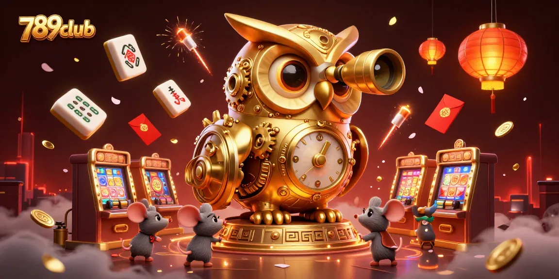 Experience thrilling gameplay at 789club with a clockwork owl scanning the casino floor amidst festive decor.