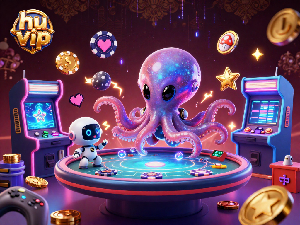Engage in hu vip with a vibrant scene illustrating a glowing poker table surrounded by fun gaming elements!