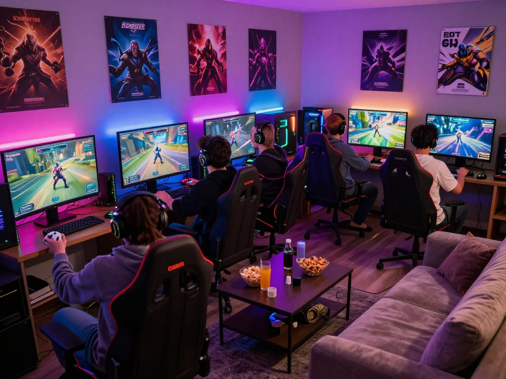 Friends engaged in KOMBET168 gaming competition in a lively living room setting.