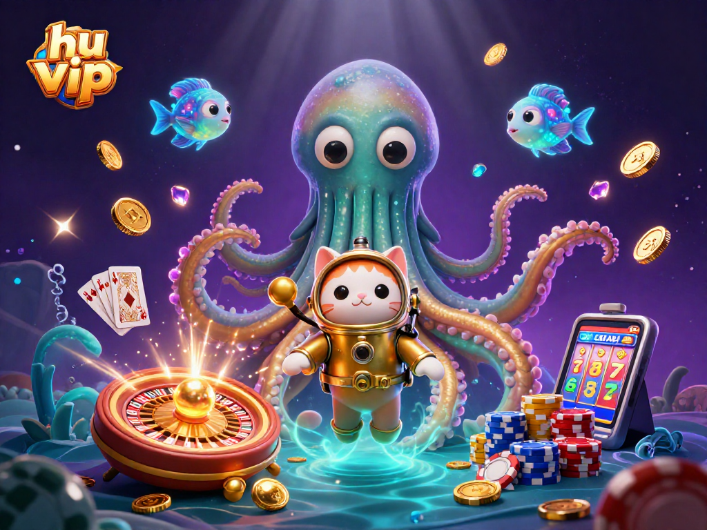 Experience hu vip thrills with a kraken, diving cat, and vibrant casino elements!
