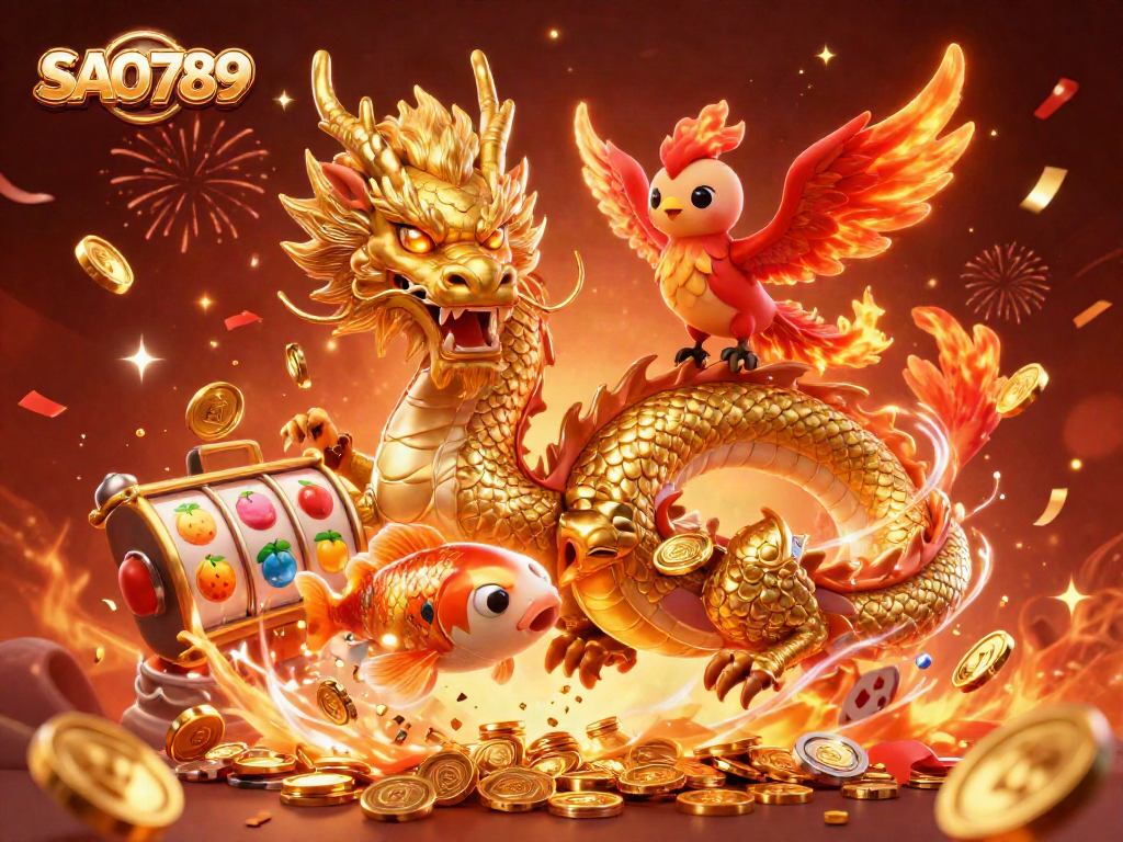 Experience thrilling gameplay with SAO789, featuring a golden dragon and vibrant slot reels in action.