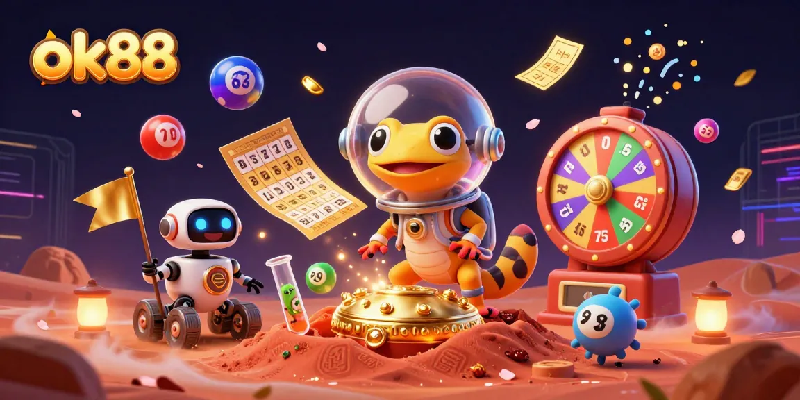 Join the fun with ok88 as the Martian gecko discovers a golden casino among colorful lottery elements.