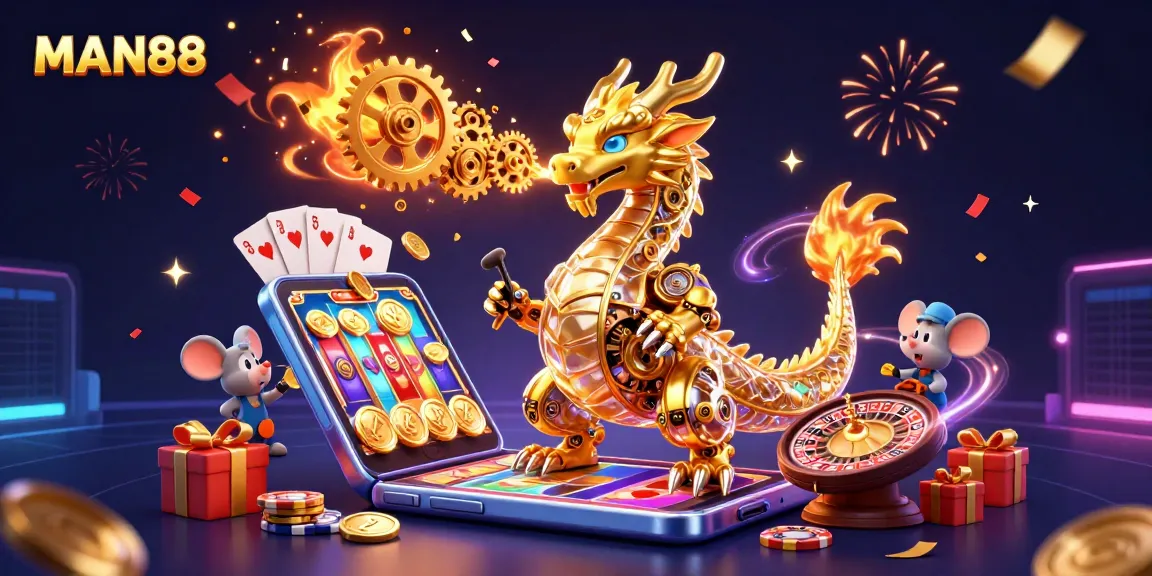 Experience thrilling gaming action with MAN88's immersive casino atmosphere, featuring animated characters and dynamic game elements.