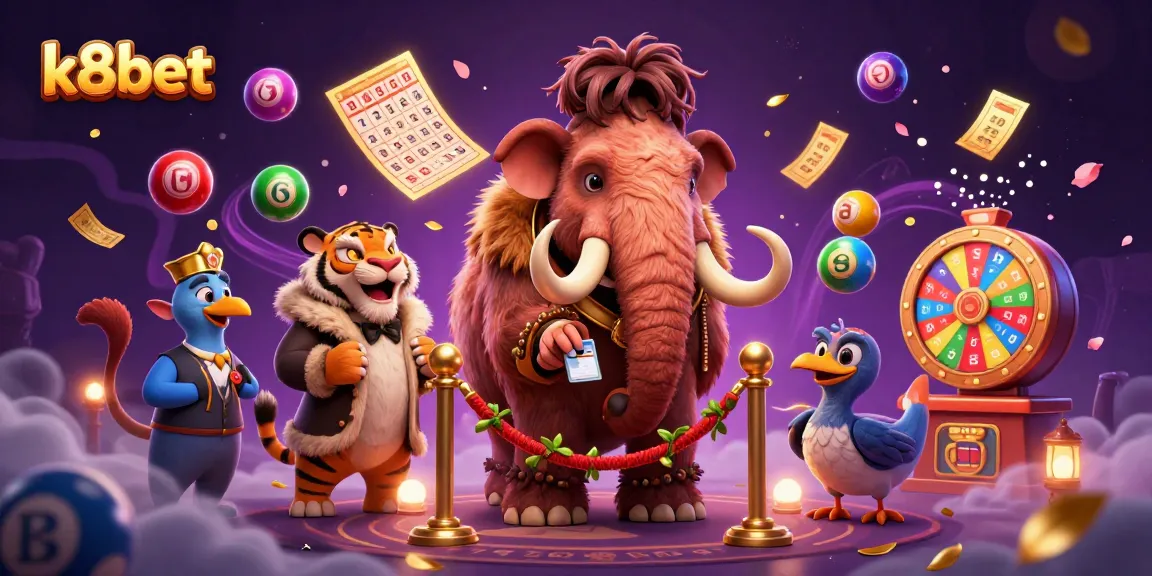 Engage with k8bet in a vibrant casino scene featuring dynamic lottery elements and colorful characters.
