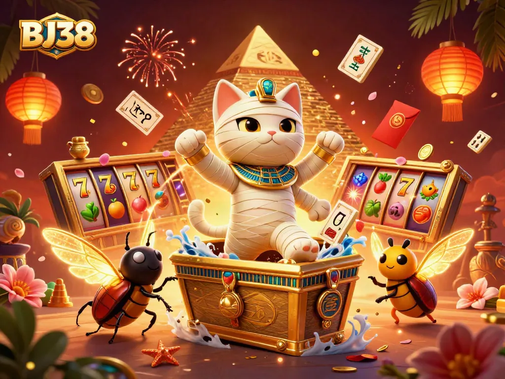 Spin to win with BJ38 in a vibrant 3D casino illustration filled with lucky symbols.