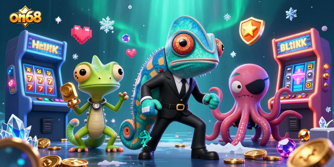 Experience the thrilling world of on68 with a dynamic 3D casino adventure featuring a chameleon agent and colorful game elements.
