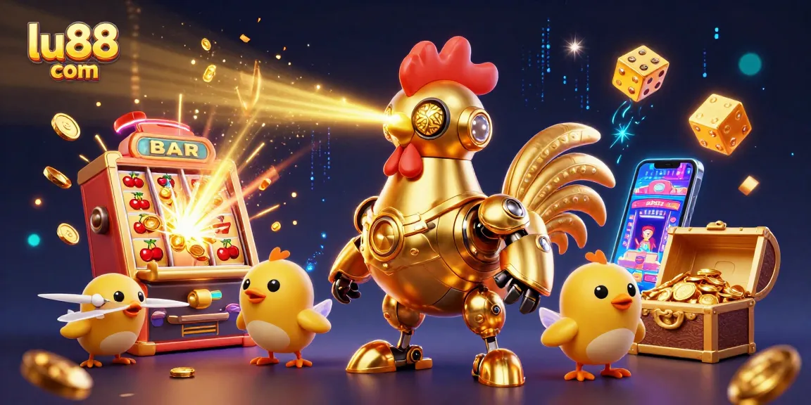 Experience the action at lu88 com with a vibrant 3D casino illustration featuring a golden rooster robot and slot machine bursts.