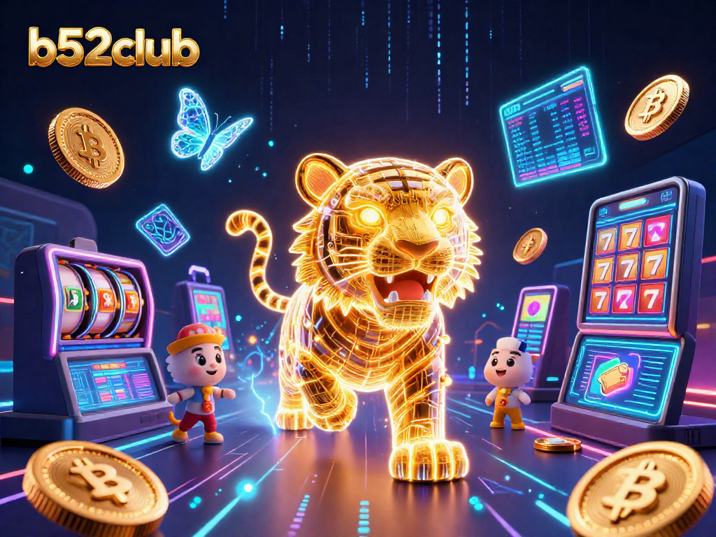 b52club showcases a neon-wireframe tiger amidst a vibrant digital casino landscape, surrounded by crypto coins and slot elements.