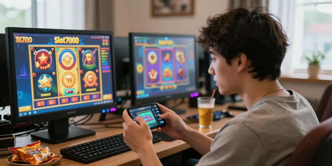 Engaging gamer using Slot7000 platform on mobile device in cozy, vibrant setting