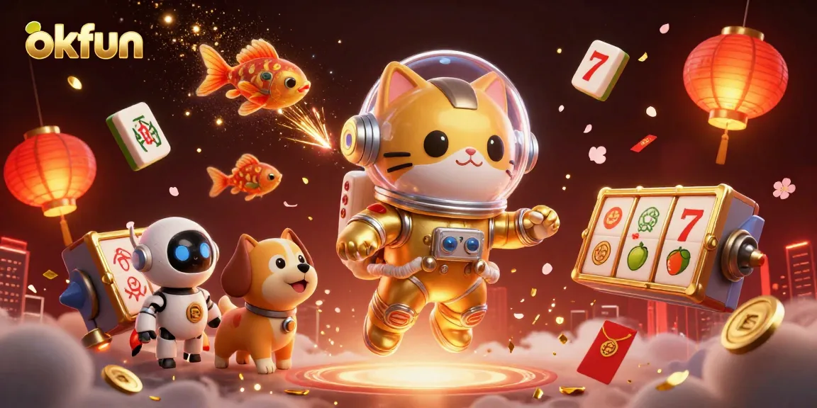Engage in thrilling gameplay with okfun's vibrant 3D casino illustration, showcasing epic slot action.