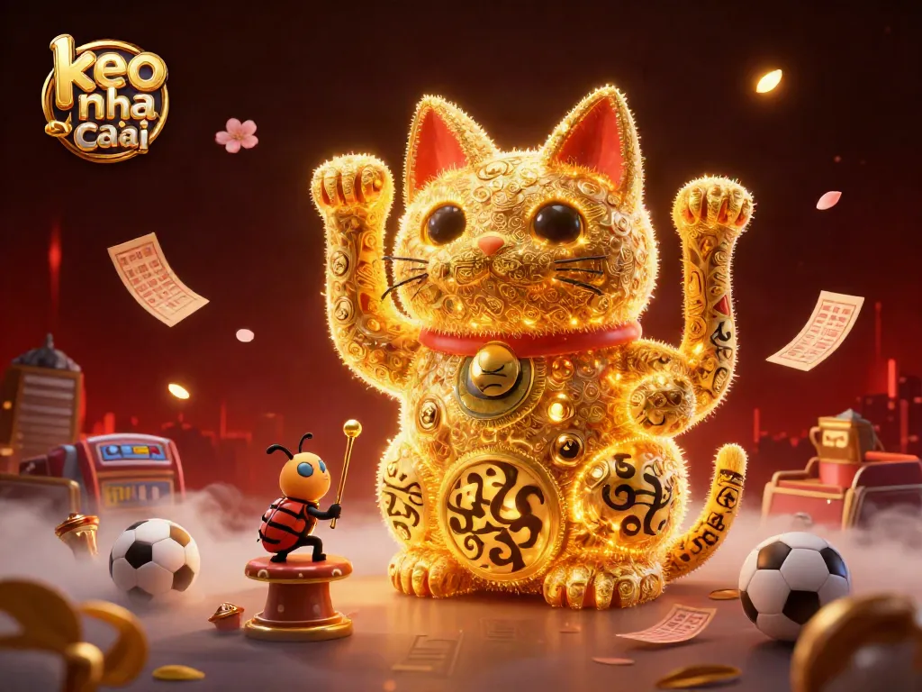 Experience the engaging world of keo nha cai featuring a giant lucky cat made of golden fireflies.