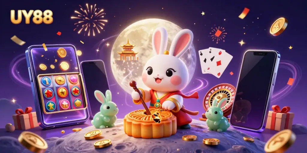 Experience the excitement of UY88 with the moon rabbit transforming mooncakes into poker chips.