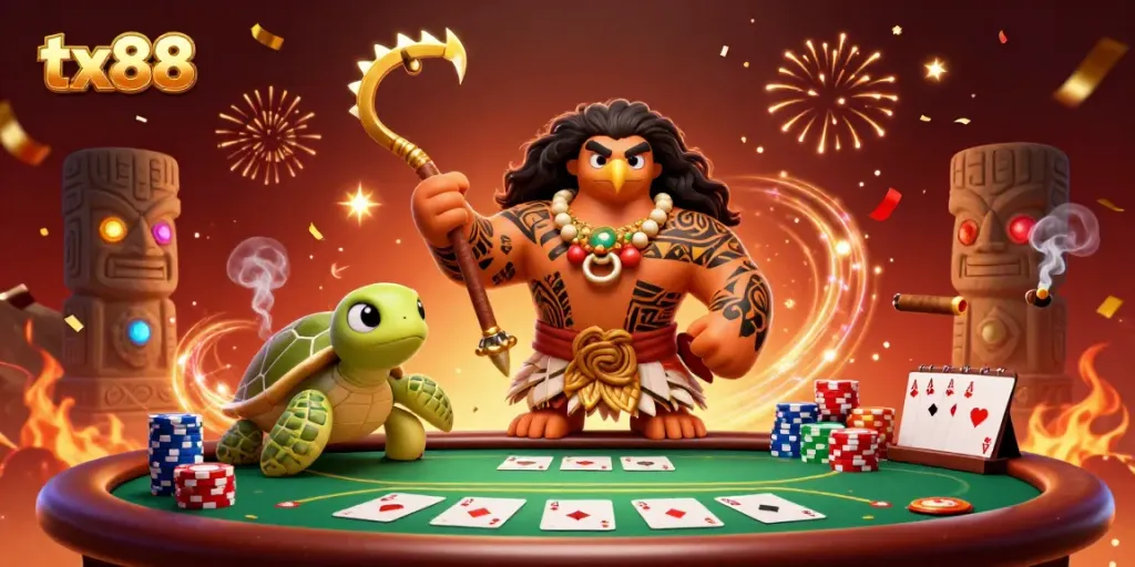 Engage in excitement with tx88 as a tribal demigod hawk and turtle bring a vibrant poker scene alive.