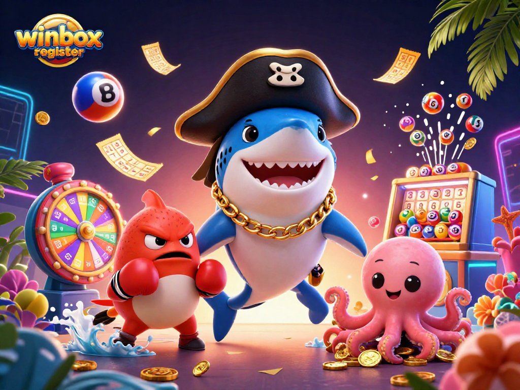 Winbox register illustration showcasing fun characters engaged in a lively casino atmosphere.