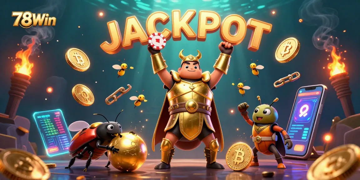 Engage with 78Win's thrilling jackpot scene showcasing vibrant characters and casino elements in a colorful illustration.