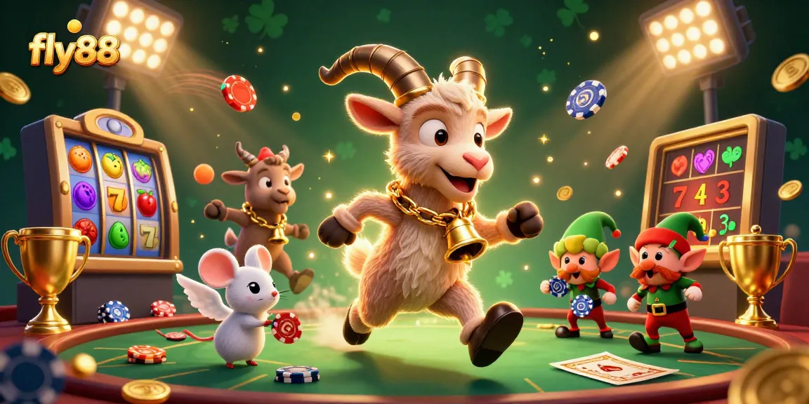 Fly88's lively casino scene features characters and vibrant casino elements showcasing festive gambling excitement.