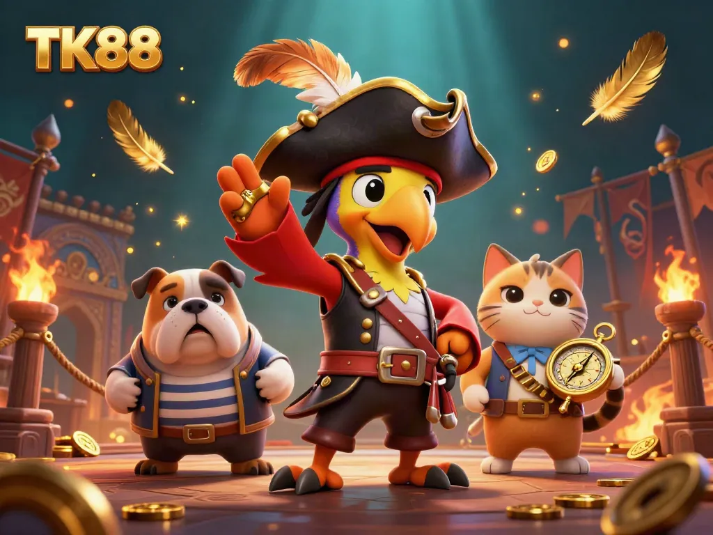 Experience TK88 gaming excitement with colorful characters and engaging scenes in a vibrant 3D illustration.