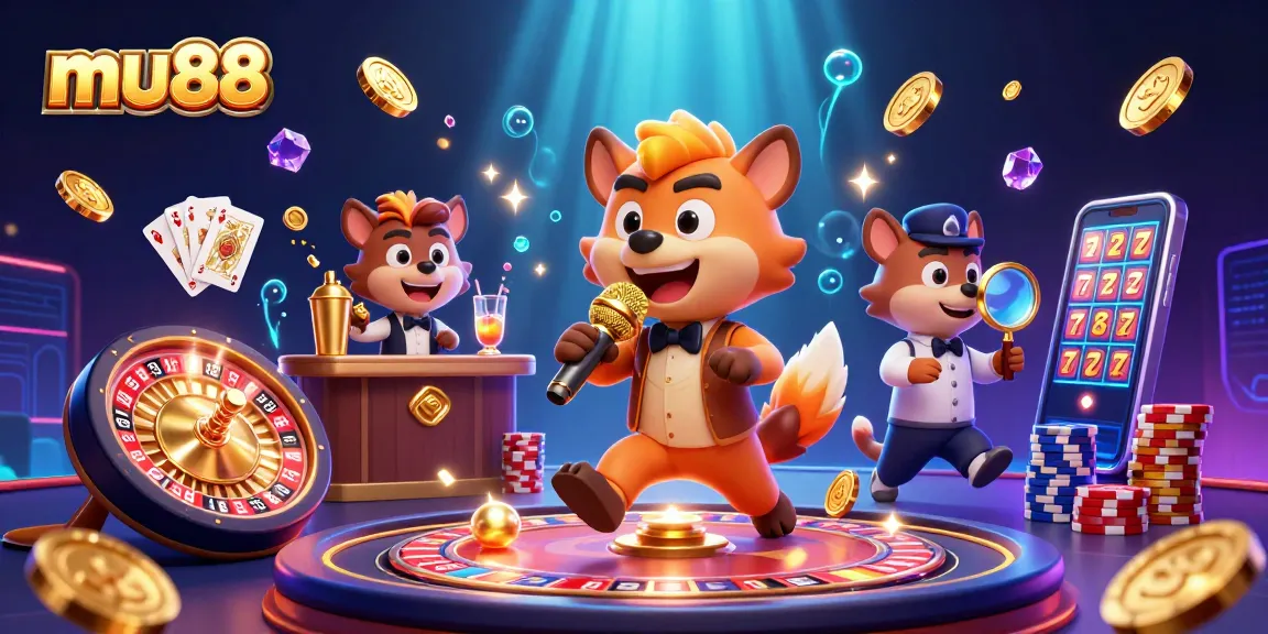Cheer the lively mu88 hyenas at a casino club with golden coins, drinks, and a roulette wheel.