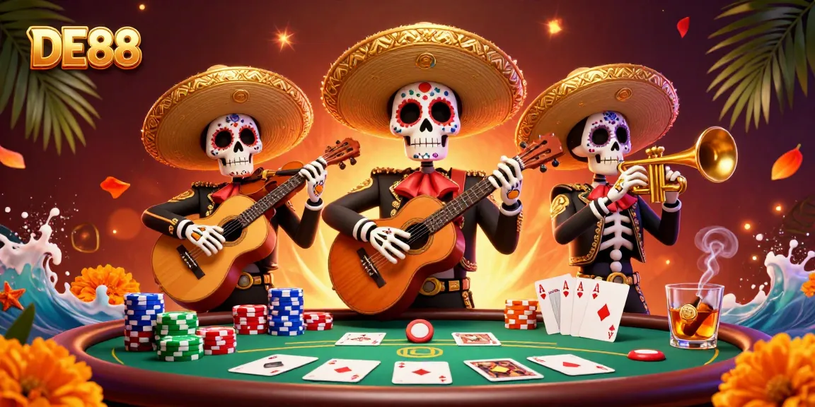 Join the fun at DE88 with a vibrant mariachi band playing poker in a festive scene.
