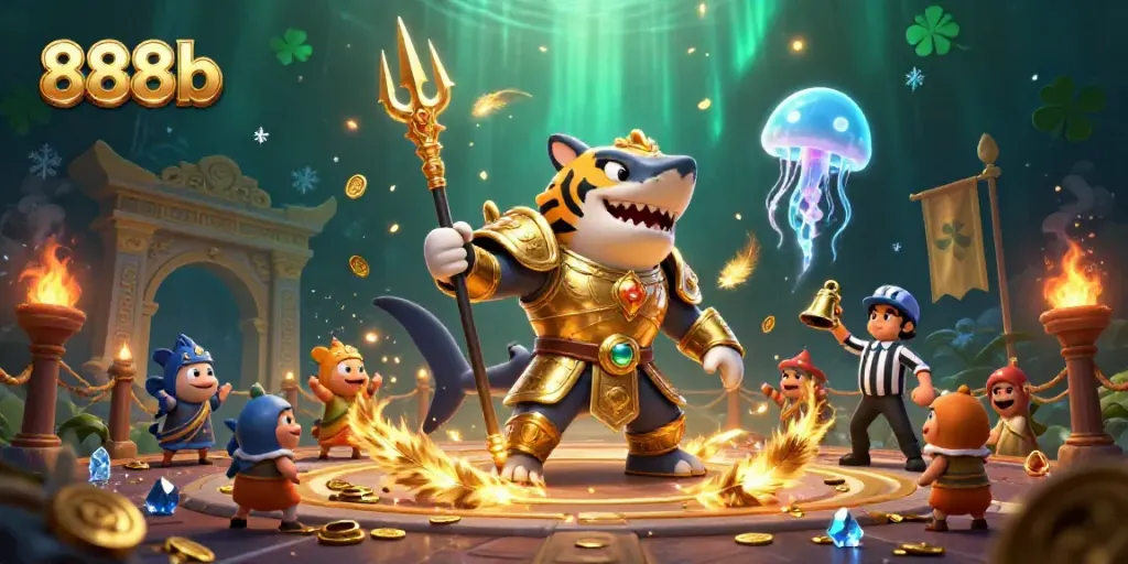Engage in thrilling casino action with 888b, featuring a tiger shark hero in an underwater arena.