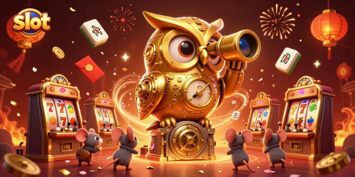 Spin the slot with a whimsical golden owl and mice amid vibrant casino chaos.