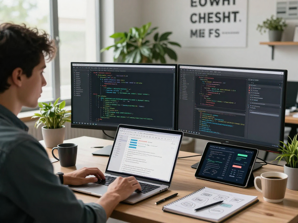 Creative workspace with net88 software developer coding at dual monitors in a vibrant office setting