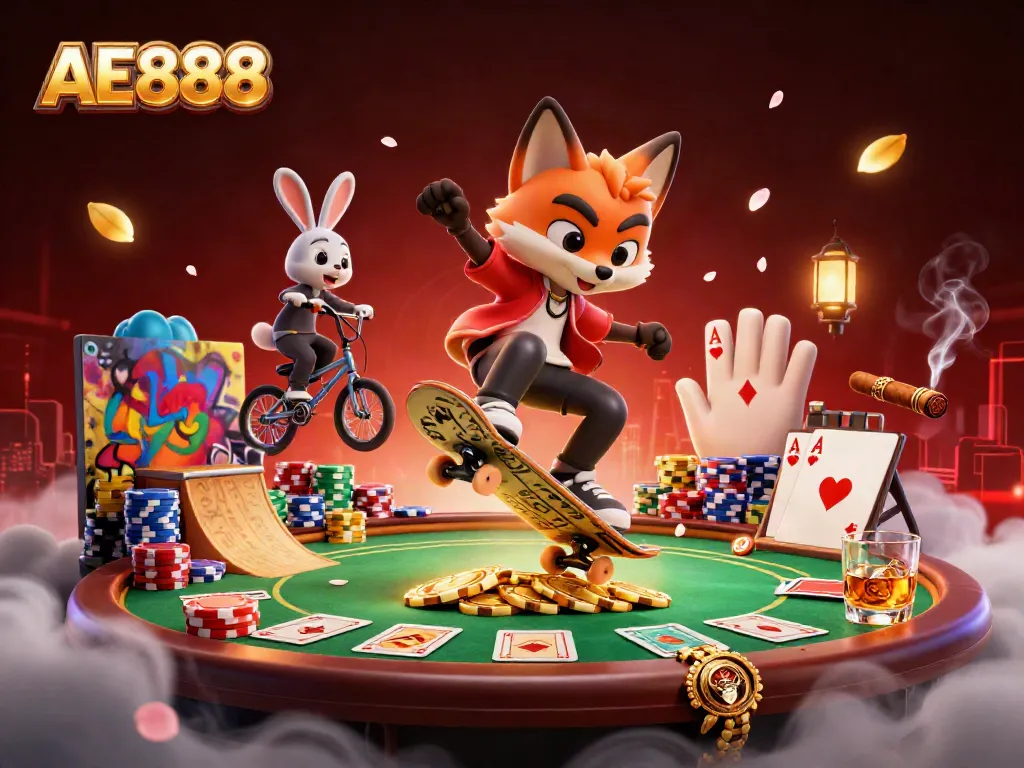 Experience the thrill of AE888 casino with a skateboarder fox and BMX rabbit in an electrifying scene.