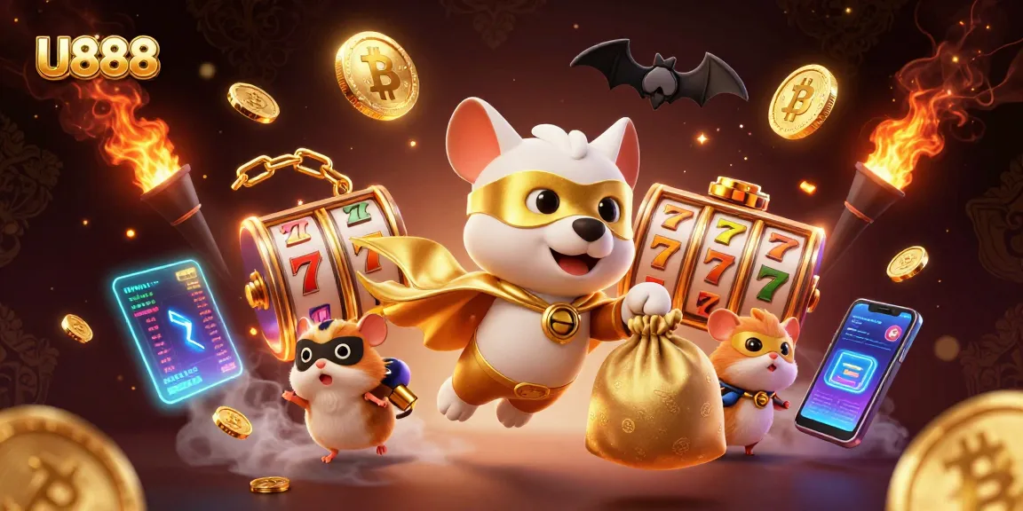 Play exciting slots at U888 with the superhero dog character bringing gold coins to eager gamblers.