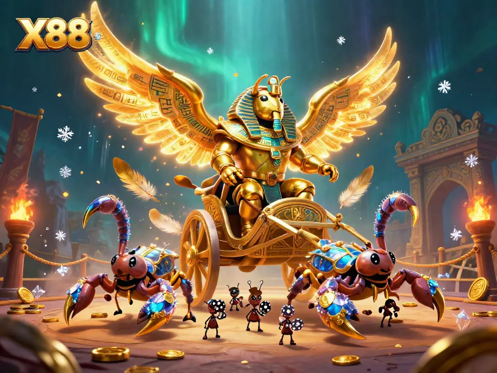 Experience the exciting world of X88 with a vibrant scene showcasing golden scarabs and poker chips.